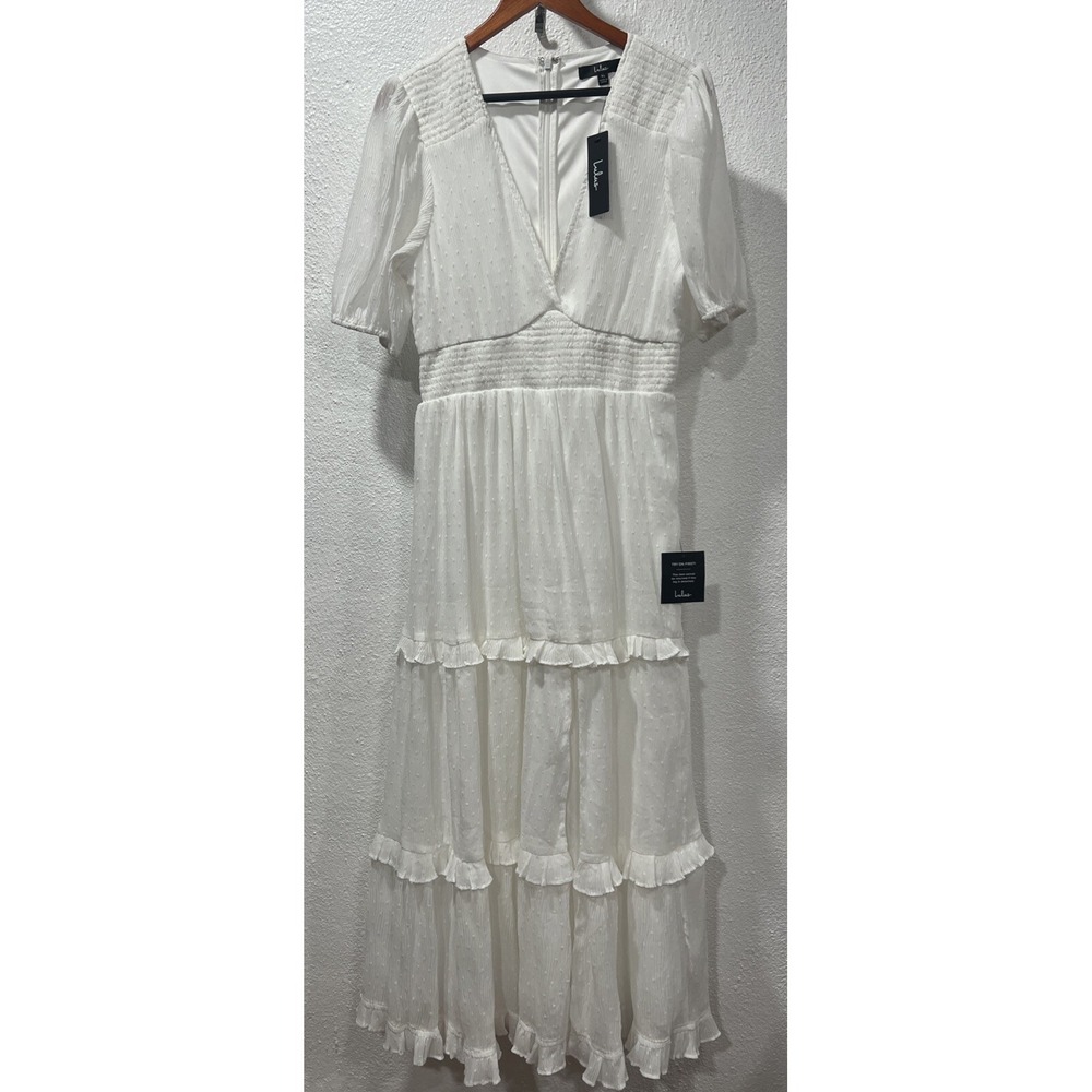 LULUS‎ Tier to Please White Puff Sleeve Swiss Dot Midi Dress Size XL**New .